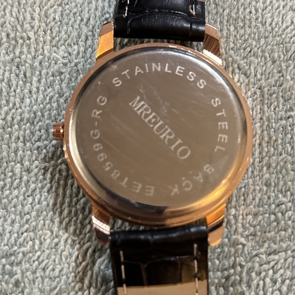 Mreurio White Dial Round Gold Tone Case Black Faux Leather Band Watch - Picture 3 of 5